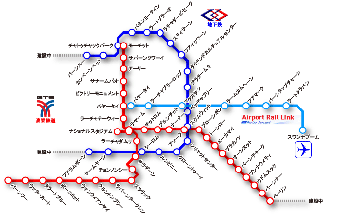 バンコク地図 タイ電車路線マップ ： 高架鉄道 BTS 地下鉄 MRT スワンナプーム空港特急 エアポート・リンク